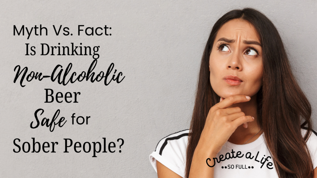 Image: A woman with long dark hair, wearing a white shirt. Her hand is on her chin, and she's looking up and to the left, as though she's wondering about something. Image represents the post which is exploring whether non-alcoholic beer is safe for people who are sober from alcohol.